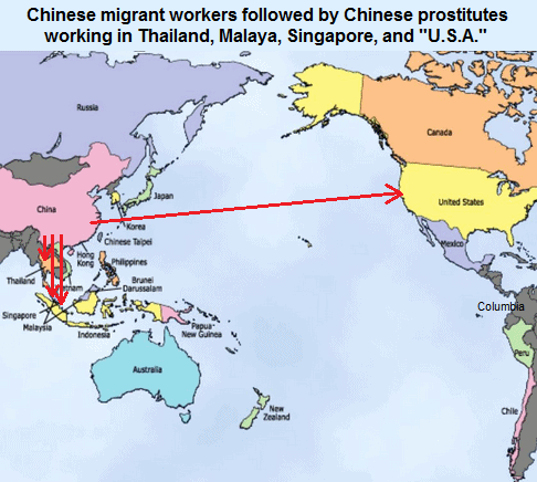 Map showing Chinese migrant
              workers followed by Chinese prostitutes working in
              Thailand, Malaya, Singapore, and "U.S.A."