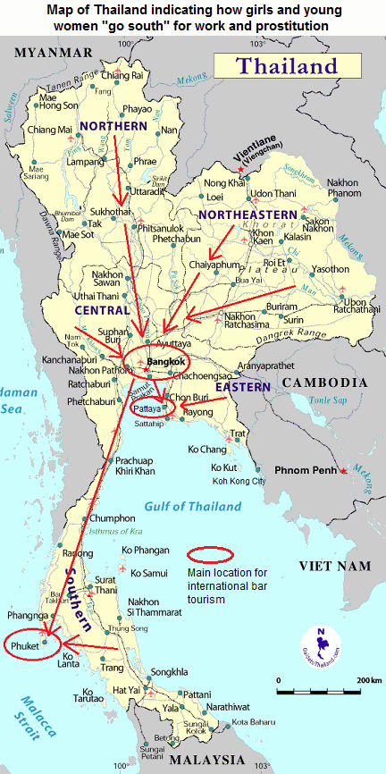 Map of Thailand indicating how
                                  girls and young women "go
                                  south" for work and prostitution