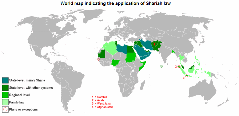 World map indicating
                        Shariah law / Shariah rule