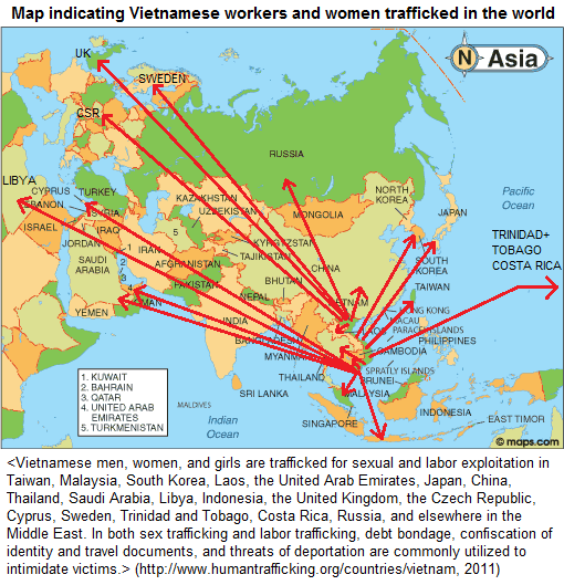 Map indicating Vietnamese
                        workers and women trafficked in the world
                        (2011)