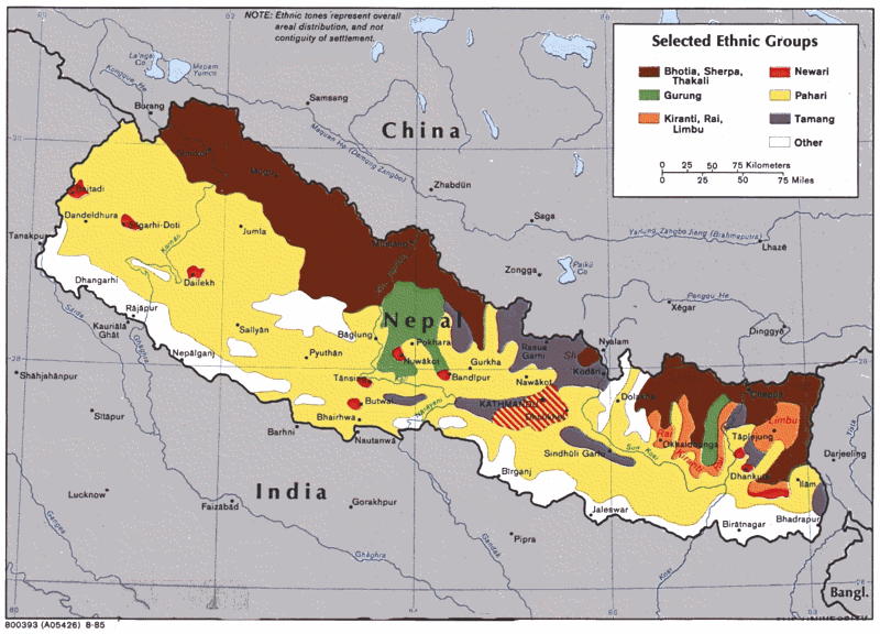 Map of Nepal indicating
                      some ethnic groups: Bhotia, Sherpa, Thakali,
                      Gurung, Kiranti, Rai, Limbu, Newari, Pahari, and
                      Tamang