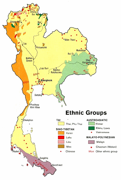 Map of Thailand indicating the ethnic
                          groups