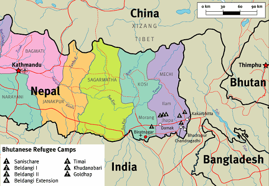 Map of
                        Bhutan and Nepal with the refugee camps in
                        eastern Nepal