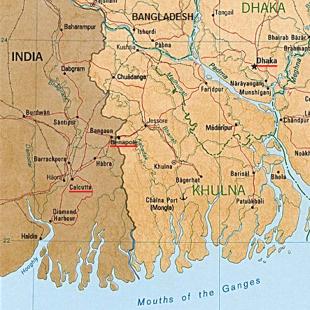 Map with
                        Dhaka, Benapole and Calcutta