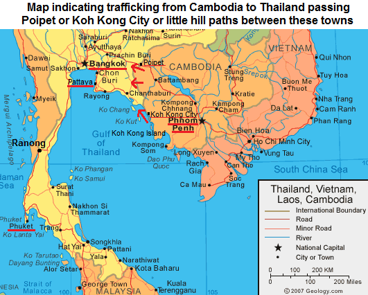 Map of
                        Cambodia with Poipet, Koh Kong City and Thailand
                        with Bangkok, Pattaya, and Phuket