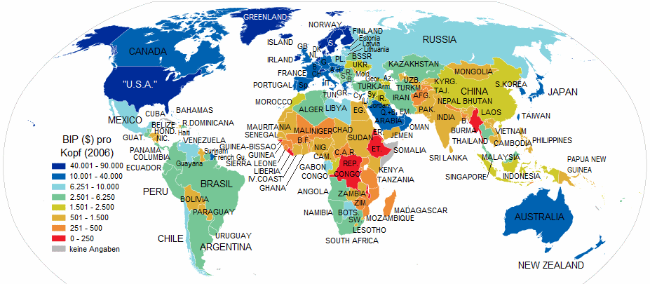 World map with the indication of income in
                      "U.S." dollars per year for the year of
                      2006