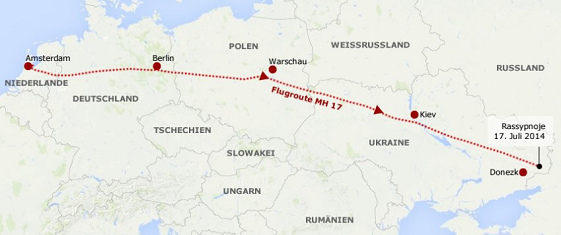 Flight path
                of MH17 from Amsterdam to Rassypnoje near Donetsk in
                Ukraine, July 17, 2014