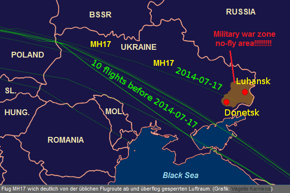 Map with the flight path of
              flight MH17 landing exactly in the no-fly area of the war
              zone around Donetsk