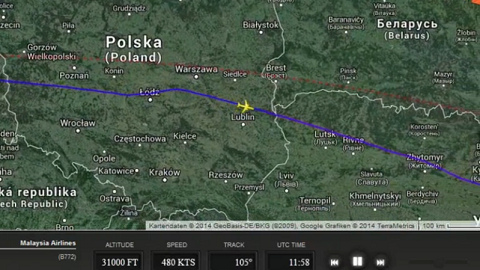 Flugroute
                        von MH17 vom 17.7.2014 Bild 3 zwischen Warschau
                        und Lublin: Die Abweichung steigt auf ca. 170
                        km