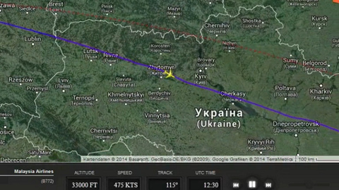 Flugroute
                        von MH17 vom 17.7.2014 Bild 4 bei Kiew: Die
                        Abweichung vom Kurs betrgt ca. 200 km!