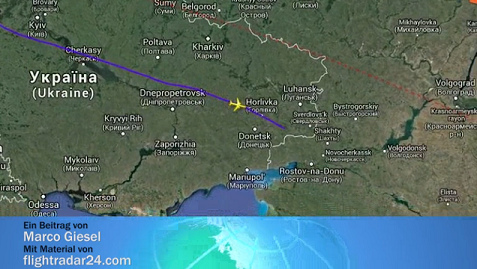 Flight path of MH17 of July 17, 2014
                        according to flightradar24.com: red dashed line
                        indicates the normal flight path, violet one the
                        crash route