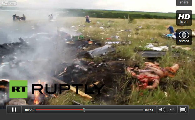 Crash site of MH17, deformed dead body with
                        separated arm, charred a little bit