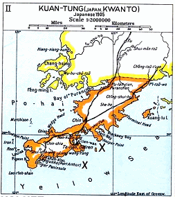Karte: Positionen von Talien / Dairen und
                          Lushun / Lüshun / Port Arthur