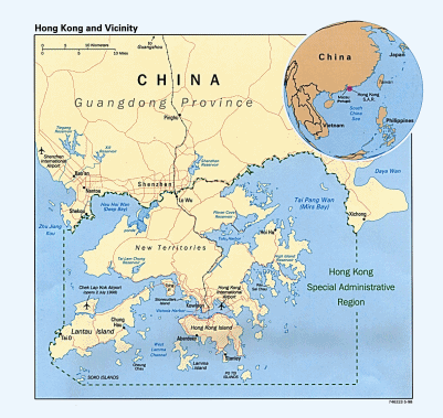 Position von Hong Kong,
                                    Shenzhen und die Buchten Deep Bay
                                    und Mirs Bay