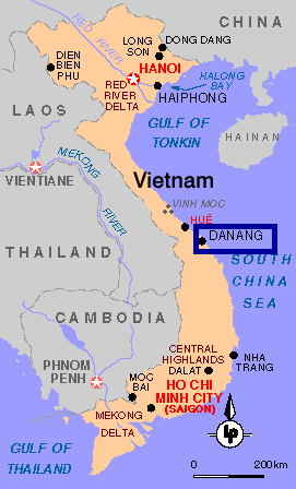 Karte: Positionen von Tourane / Danang
                          und Saigon