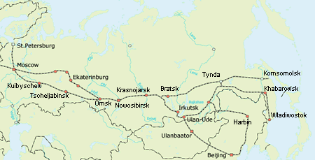 Transsibirische
              Eisenbahn von Moskau bis Peking und Wladiwostok
