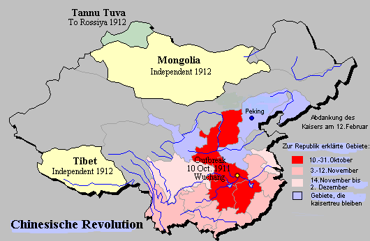Karte China:
              Revolution in Wuchang / Wuhan 1911 und Republikgebiete