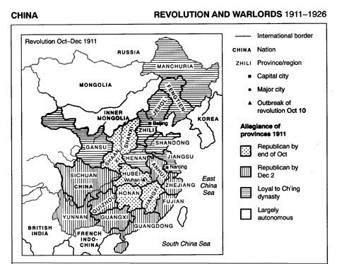 Karte: China: Republikanische gegen
                        kaisertreue Provinzen 1911