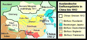 Karte: China
                1912: Einflussspähren F, GB, D, Japan und Russland