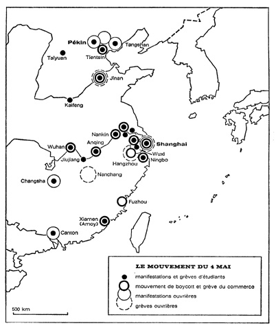 Karte China:
                Demonstrationen und Streiks durch die Bewegung vom 4.
                Mai 1919