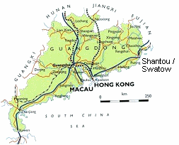Karte mit den Positionen von Macao/Macau
                          und Hongkong und Shantou / Swatow
