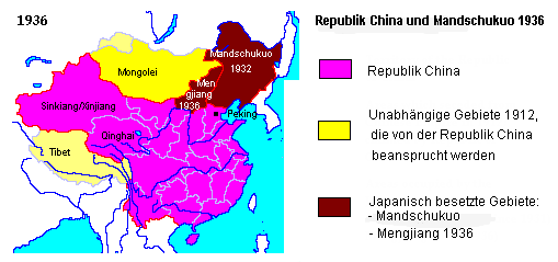 Karte
                          Chinas von 1936 mit Sinkiang / Xinjiang.
                          Nazi-Japan hat Mandschukuo und Mengjiang
                          "eingerichtet". Peking ist
                          unmittelbar bedroht...