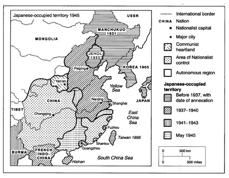 Karte: China 1937-1945: Die Besetzungen
                  Nazi-Japans bis Burma