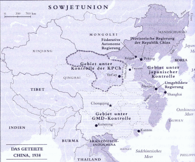 Karte Chinas 1938: Aufteilung zwischen Japan,
                  KPCh und Kuomintang