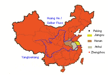 Karte mit
                        der Position der Provinz Henan mit Zhengzhou und
                        dem Gelben Fluss