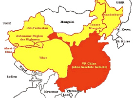 Volksrepublik China: Besetzungen (gelb) durch
                    die chinesischen Armeen 1947-1962, Karte