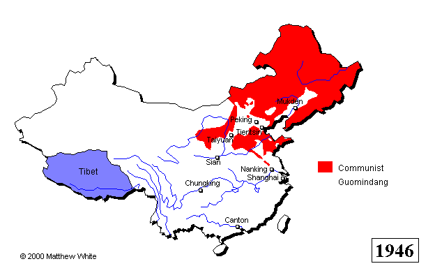Karte
                          von China 1946-1950 mit den Besetzungen der
                          KPChina unter Mao (kommunistische Gebiete in
                          Rot)