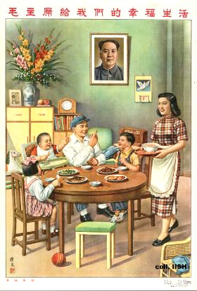 Plakat von Maos Personenkult 1954:
                            Maobild an der Stubenwand