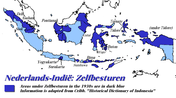 Indonesien 1930er-Jahre: Karte ber die
                    Selbstverwaltungen und Aufteilungen von
                    Niederlndisch-Indien; Holland Kolonialismus
                    Niederlndisch-Indien; Delf, Asahan, Siak,
                    Pontianak, Kutai Ternate, Tidore, Buton, Wajo, Bima,
                    Sumbawa, Surakarta, Yogyakarta