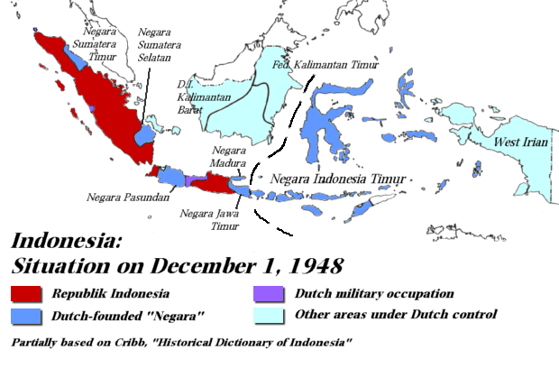 Indonesien: Karte Dezember 1948 ; Negara Sumatera
                  Timur, Negara Sumatera Selatan, Negara Pasundan,
                  Negara Madura, Negara Jawa Timur, Negara INdonesia
                  Timur, West Irian, Neu Guinea , New Guinee ; D.I.
                  Kalimantan Barat, Fed. Kalimantan Timur ; Indonesia
                  Holland Niederlande Netherland Nederland Pays Bas ;
                  Kolonialismus colonialismo colonialism colonialisme ;
                  Unabhngigkeitskrieg, war of independence ; map mapa
                  karta terkep trkp carte