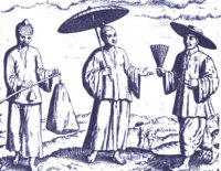 Three Chinese merchants at
                Banten, late 1500s.