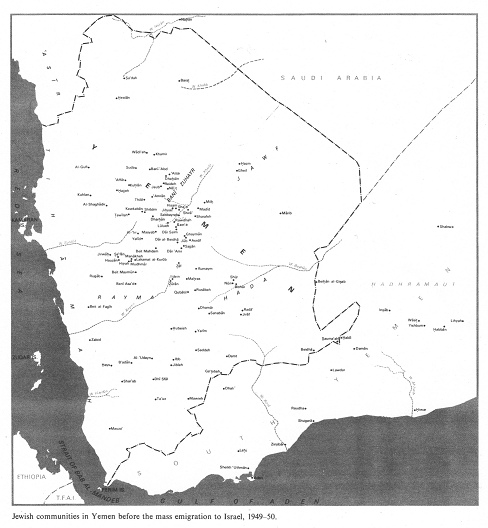 Encyclopaedia Judaica (1971): Yemen, vol. 16,
                  col. 739-740. Map with the Jewish communities in Yemen
                  (Yemen and South Yemen) before the mass emigration to
                  Israel, 1949-1950