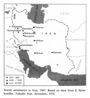 Encyclopaedia Judaica 1971: Iran,
                              Vol. 8, col. 1440, map of Jewry in Iran