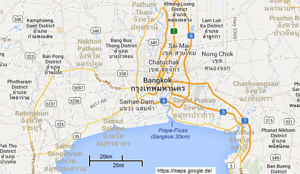 Karte: Die Entfernung zwischen dem
                      Meer und Bangkok ist 20 km Luftlinie und 30 km
                      Flusslauf - und der Fluss kann nicht aufwrts
                      fliessen