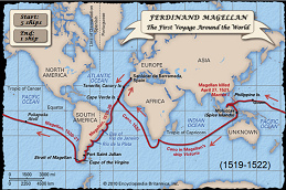 Die Karte mit der
                          Weltumrundung der Flotte von Magellan
                          1519-1522