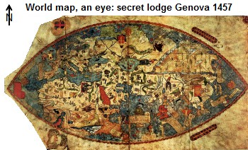 Weltkarte in Form eines Auges, Geheimloge Genua,
                1457