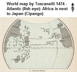 Weltkarte von Toscanelli: Der Atlantik mit Japan
                neben Afrika in Form eines Fischauges