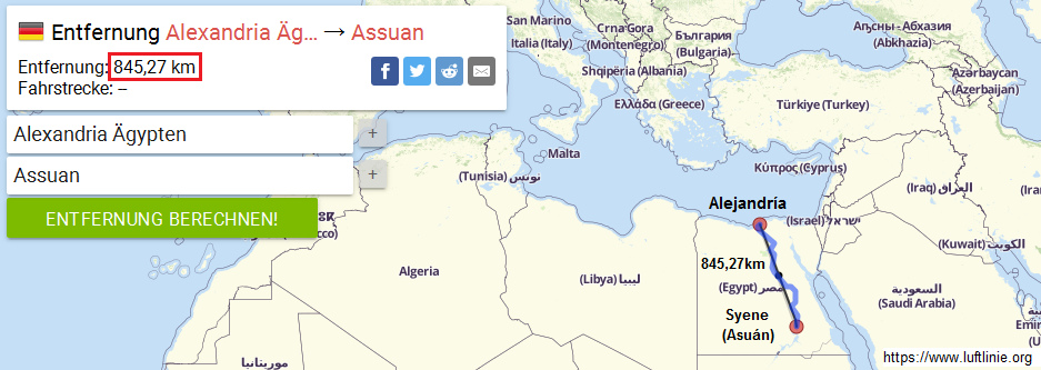 Mapa con la distancia entre
              Alejandría y Asuán: 845,27km
