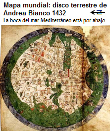 Disco terrestre de Andrea Bianco 1432. Este
                        es arriba, la boca del mar mediterráneo es
                        abajo