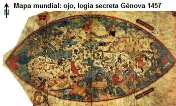 Mapa mundial en forma de un ojo, logia secreta de
                Génova 1457