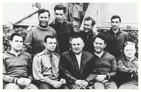 Foto de grupo en Sochi con
                todos los cosmonautas, mayo 1961. Al fondo: P.R.
                Popovich, G.G. Neliubof, G.S. Titov, V.F. Bikovski.
                Primer plano: A.G. Nikolaiev, Y.A. Gagarin. El diseador
                primero de Vostok S.P. Koroliof, director de la
                formacin Karpov, profesor de paracadas N.K. Nikitin.