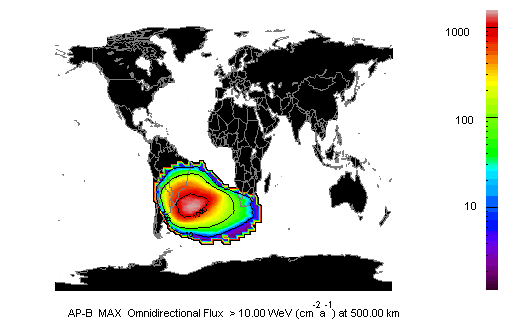 Anomala de cinturones de
                          radiacin sobre el Atlntico del Sur con la
                          indicacin de la velocidad de las partculas,
                          esquema en color.