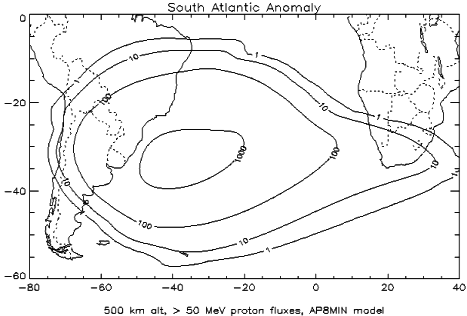 Anomala
                          de cinturones de radiacin del cinturn de Van
                          Allen interior sobre el Atlntico del Sur
                          (SAA), indicacin de la velocidad de las
                          partculas, mapa en blanco y negro