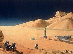 1953: Chesley Bonestell: fantasa
                            irreal de un aterrizaje de hombres en el
                            Marte, absolutamente irreal