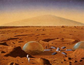 1954 apr.: Chesley Bonestell: Un campo
                            de indgenas en el Marte, pintura de
                            ficcin, absolutamente irreal