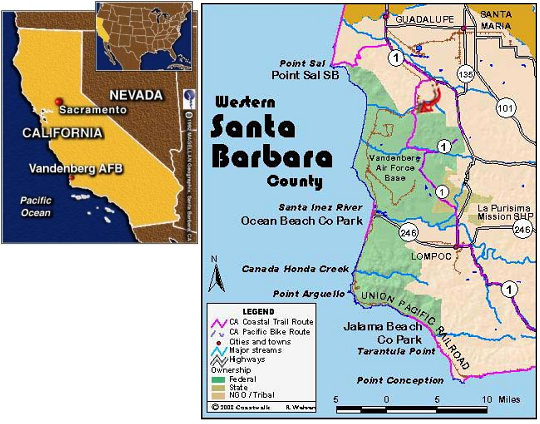 La posicin de la base Vandenberg
              (Vandenberg Air Force Base) en California, mapa